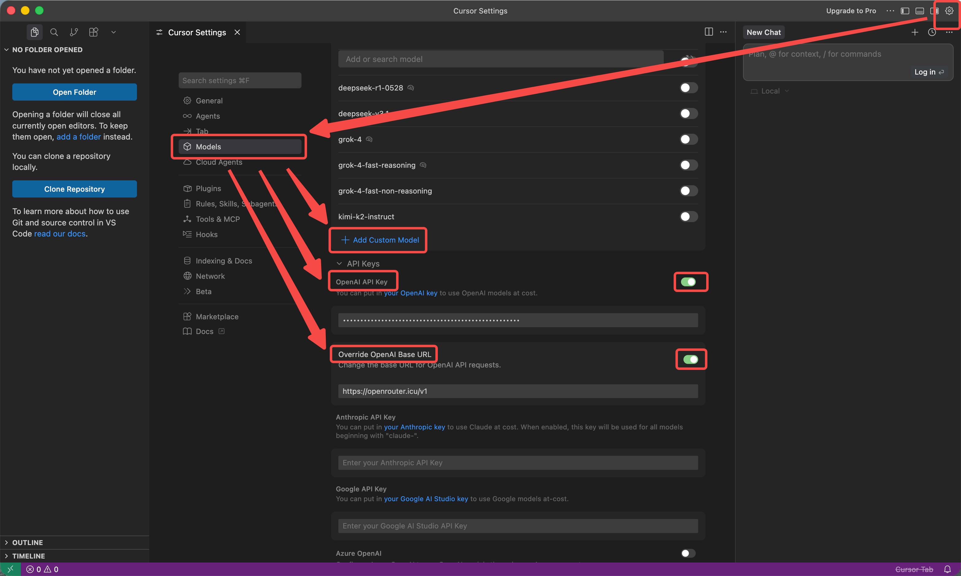 Cursor custom API settings
